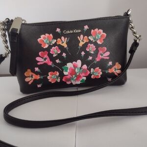 Calvin Klein Crossbody Bag Small Floral Print Chain Silver Black Bag Black Purse